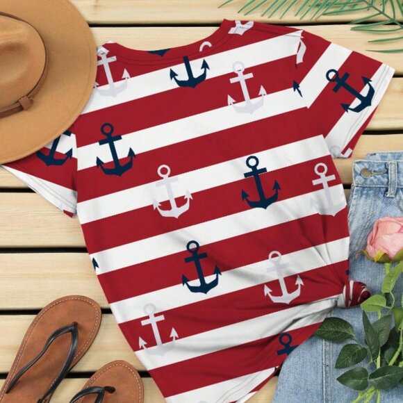 NEW!! Various Sizes Casual Crewneck Anchor & Stripe Print Short Sleeve T-Shirt - Picture 2 of 2